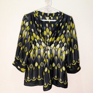 Chenault Black & Gold Peacock Print Blouse, Medium